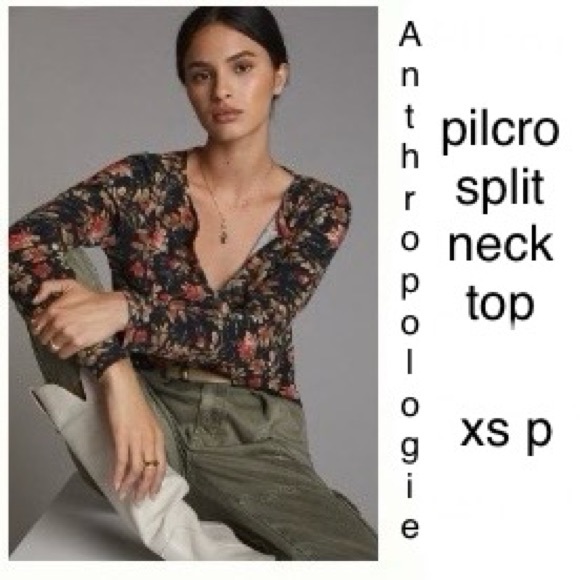 NWT Anthropologie XS P Split neck slim long sleeve tee black floral lightweight - Picture 4 of 9